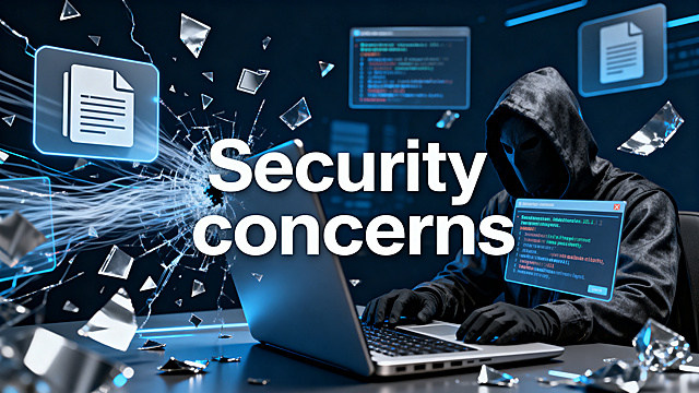 无纸办公挑战主题图，只保留醒目的英文文字"Security concerns"，不出现任何汉字，内容体现电子文件存在泄露、丢失或者被黑客攻击的风险，科技感网络安全场景，冷色调警示风格