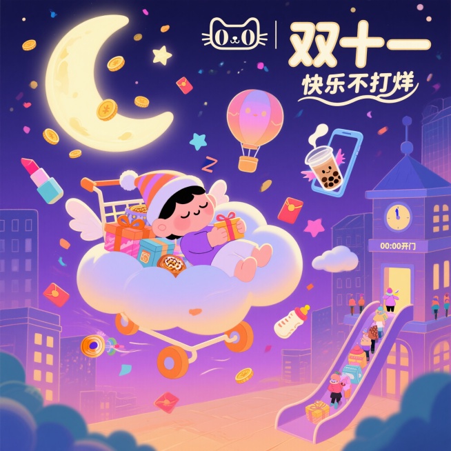 童话世界的午夜派对，画面中心是戴着睡帽的卡通小孩趴在云朵上酣睡，脚下城市里购物车长出小翅膀载着礼盒、零食、玩具在空中飞行，与星星、月亮嬉戏，远处天猫猫头logo化作发光月亮洒下金币和红包雨。口红变成滑预览效果