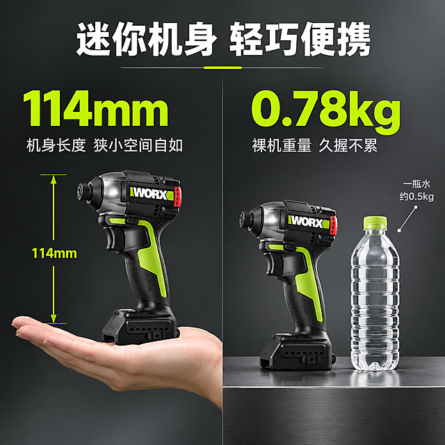 [主图-2] 迷你机身+超轻重量图，主题：114mm迷你机身 0.78kg超轻。
[统一基调] 高级工业风，深灰渐变背景配金属质感台面，主色黑+荧光绿点缀，标题白色粗黑体，辅助字浅灰色，强调色荧光绿，整体简洁大气有品质感。
[画面] 画面左右分栏。左侧：迷你机身尺寸展示，起子机竖直放置，旁边有尺寸标注线显示机身长度114mm，底部有手掌托举起子机的图，突出小巧轻便。右侧：重量对比展示，0.78kg超大数字，旁边有常见物品重量对比示意（如一瓶水），体现超轻优势。顶部主标题横跨两侧。
[光影质感] 商业摄影质感，产品清晰锐利；尺寸标注线简洁明了；手掌图比例真实自然；整体光线均匀。
[配色] 背景深灰渐变；尺寸线和数字用荧光绿；标题白色；说明文字浅灰。
[文字版式] 顶部主标题"迷你机身 轻巧便携"白色粗黑体。左侧："114mm"荧光绿超大字+小字"机身长度 狭小空间自如"，配尺寸标注线。右侧："0.78kg"荧光绿超大字+小字"裸机重量 久握不累"，配重对比示意。文字全部横排。
[输出要求] 1:1正方形，2048px，尺寸表达清晰，产品真实。负向：变形、错字、比例失真、模糊、水印、平台Logo。