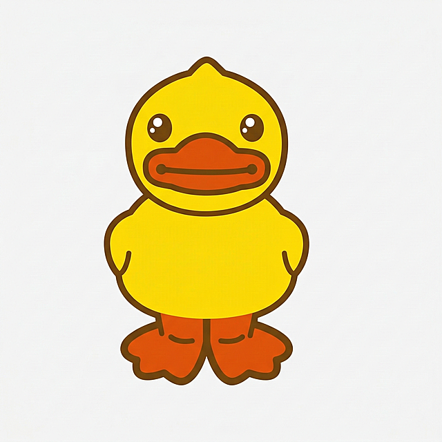 生成这只小黄鸭的高清平面图，保留原有卡通风格，线条清晰平滑，色彩均匀饱满，保持原本的形象特征