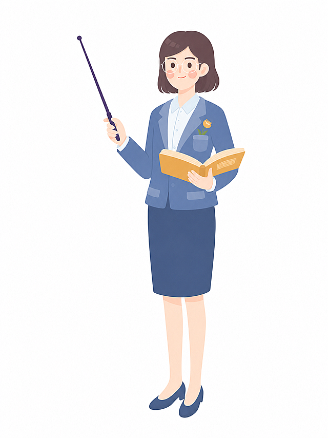 将图中拿着教鞭书本的女教师人物改为和第一张医生图一致的风格，人物比例、面部细节和图一中保持一致，保留干净平涂色块、浅粉色腮红、简约线条，白色背景