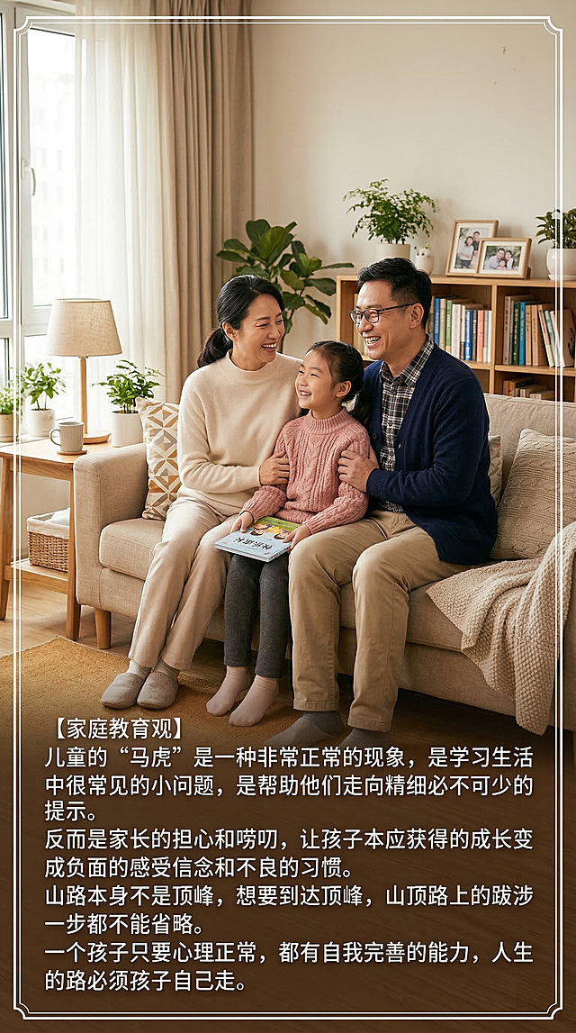 温暖居家场景，中国父母和中国女孩坐在客厅沙发旁，氛围柔和温馨，画面下方清晰展示文字：“【家庭教育观】儿童的“马虎”是一种非常正常的现象，是学习生活中很常见的小问题，是帮助他们走向精细必不可少的提示。反而是家长的担心和唠叨，让孩子本应获得的成长变成负面的感受信念和不良的习惯。山路本身不是顶峰，想要到达顶峰，山顶路上的跋涉一步都不能省略。一个孩子只要心理正常，都有自我完善的能力，人生的路必须孩子自己走。”，文字为工整清晰的中文，整体风格温馨治愈