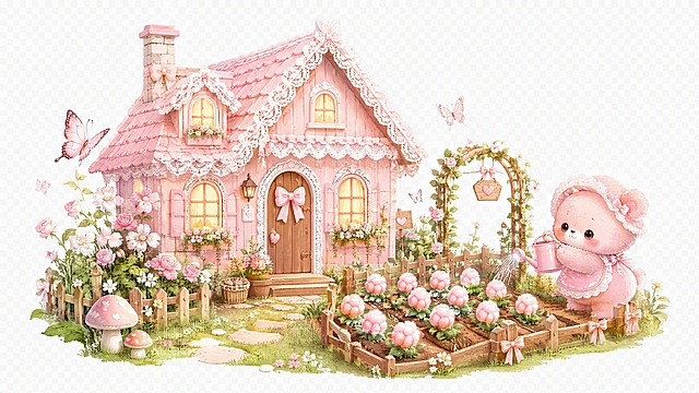 粉色梦幻洛丽塔风田园小屋外观插画，独立素材图。画面中央是粉色洛丽塔风格小屋，屋顶有精致蕾丝花边装饰，小屋窗户透出暖黄色温馨灯光，门是原木棕色带粉色蝴蝶结；小屋右侧是田园菜园，整齐的菜畦里种着棉花糖形状的粉色作物，菜园边有木栅栏；小屋左侧有小花丛和蝴蝶；菜园旁站着一只可爱的毛绒绒绒娃娃，圆滚滚的身体，粉色绒毛，大眼睛，正在浇水；周围有小花、蝴蝶、小蘑菇装饰。温暖田园日光洒落，整体治愈温暖柔和。全局底色透明/留白，主色樱花粉#FFB6C1，辅助色田园绿#90EE90、原木棕#DEB887，点缀色奶黄#FFFACD。横版16:9比例，4K分辨率，高清插画质感，边缘清晰无背景。负向：水印，变形，颜色偏差，背景杂乱。