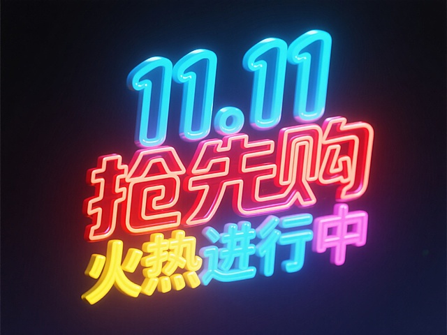 霓虹灯风3D大字，赛博朋克色调，描边炫光设计，科技感十足，突出双十一促销氛围。