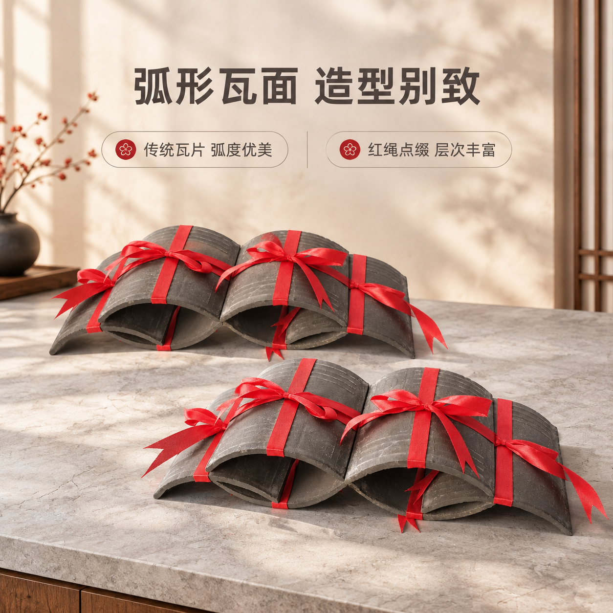 [商品] 使用【图4】瓦片捆红绳陈设摆件（多件弧形排列款）；保… - 图片创意预览