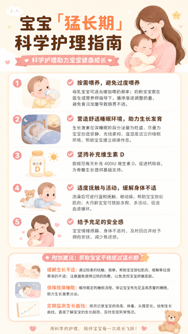 根据我给出的这个文案生成图文，可以添加一点插画，排版要工整，有调理，文字要正确，不要有错别字：宝宝「猛长期」科学护理指南
✅ 按需喂养，避免过度喂养
母乳宝宝可适当增加喂奶频率；奶粉宝宝需在医生或营养预览效果