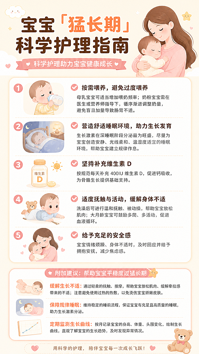 根据我给出的这个文案生成图文，可以添加一点插画，排版要工整，有调理，文字要正确，不要有错别字：宝宝「猛长期」科学护理指南
✅ 按需喂养，避免过度喂养
母乳宝宝可适当增加喂奶频率；奶粉宝宝需在医生或营养师指导下，循序渐进调整奶量，避免盲目加量导致肠胃不适。
✅ 营造舒适睡眠环境，助力生长发育
生长激素在深睡眠阶段分泌最为旺盛，尽量为宝宝创造安静、光线柔和、温湿度适宜的睡眠环境，帮助宝宝建立规律作息。
✅ 坚持补充维生素 D
按规范每天补充 400IU 维生素 D，促进钙吸收，为骨骼生长提供基础支持。
✅ 适度抚触与活动，缓解身体不适
洗澡后可进行温和抚触、被动操，帮助宝宝放松肌肉；大月龄宝宝可鼓励多爬、多活动，促进血液循环。
✅ 给予充足的安全感
宝宝情绪烦躁、身体不适时，及时回应并给予拥抱安抚，减少焦虑感。
此外，还可以通过这些方法帮助宝宝平稳度过猛长期：
缓解生长不适：通过轻柔的抚触、按摩，帮助宝宝放松肌肉、缓解牵拉感带来的不适；注意避免使用过热的热敷，以免烫伤宝宝娇嫩皮肤。
保障规律睡眠：维持稳定的睡前流程，保证宝宝有充足且高质量的睡眠，助力生长激素分泌。
定期监测生长曲线：按月记录宝宝的身高、体重、头围变化，绘制生长曲线，直观了解宝宝的生长趋势，及时发现异常情况。
