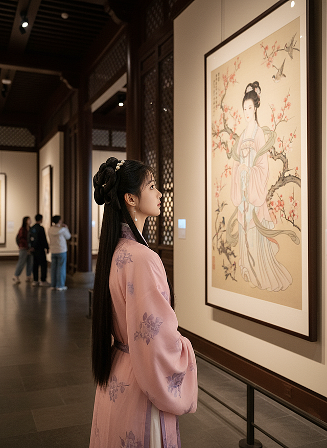 工笔风仕女图与汉服少女相映成趣，古典中式美学交融，刺绣纹样呼应画中梅花，水墨意境中透出文艺雅韵。