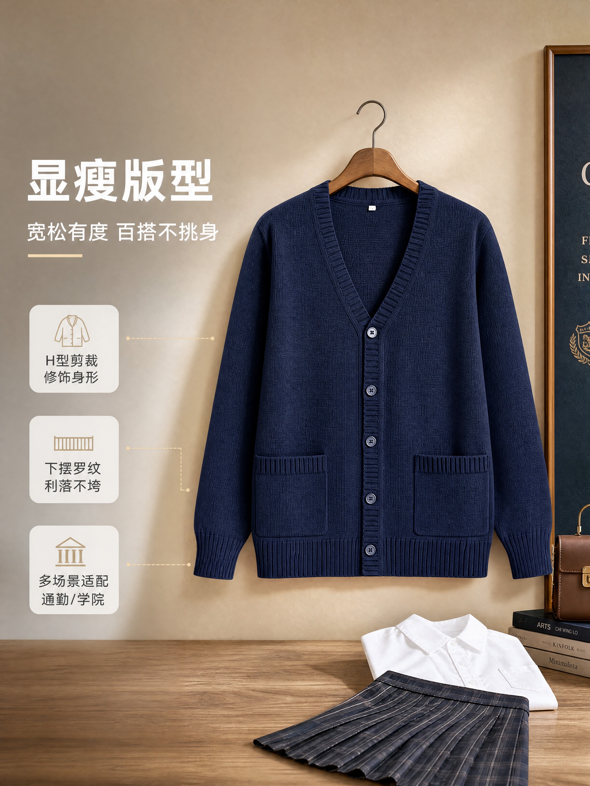 [商品] 使用【图1】藏青色V领针织开衫；商品处理：保留整体版… - 图片创意预览