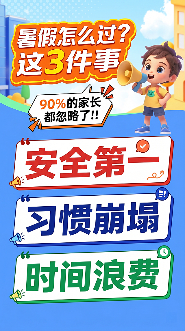 软3D风插画，卡通感十足，色彩清新明亮，结合扁平化设计与漫画风对话框，突出暑假安全与习惯培养主题，传递轻松活泼的节日氛围。