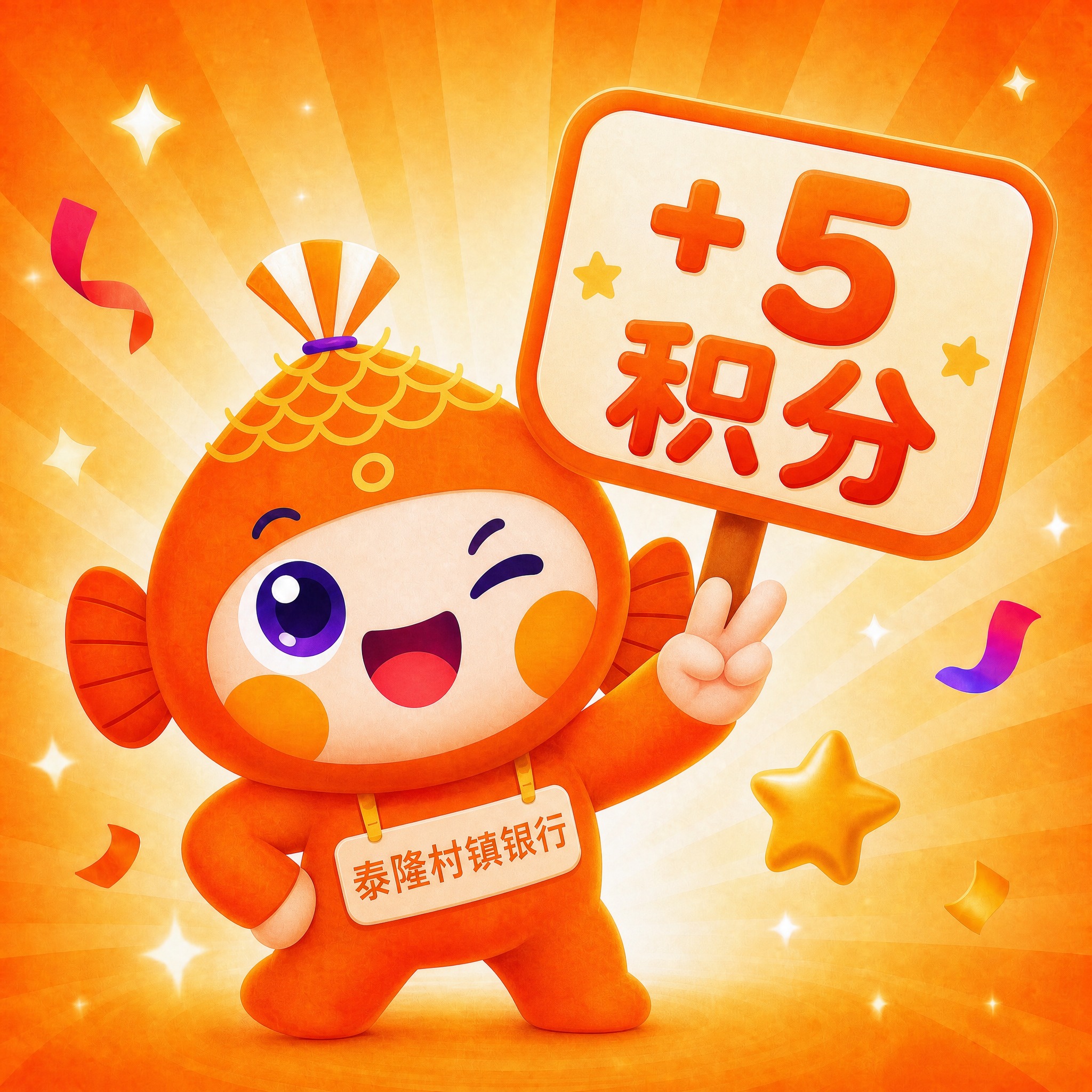 基于参考图中的泰隆村镇银行橙色小鱼吉祥物，将积分牌文字改为“+… - 图片创意预览