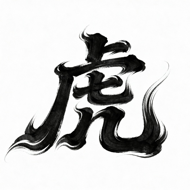 狂野豪迈的连体书法字“虎”，笔画流畅飘逸，国潮风笔触，极具视觉冲击力，笔画拉长变形出流畅的飞白，白底黑字。预览效果