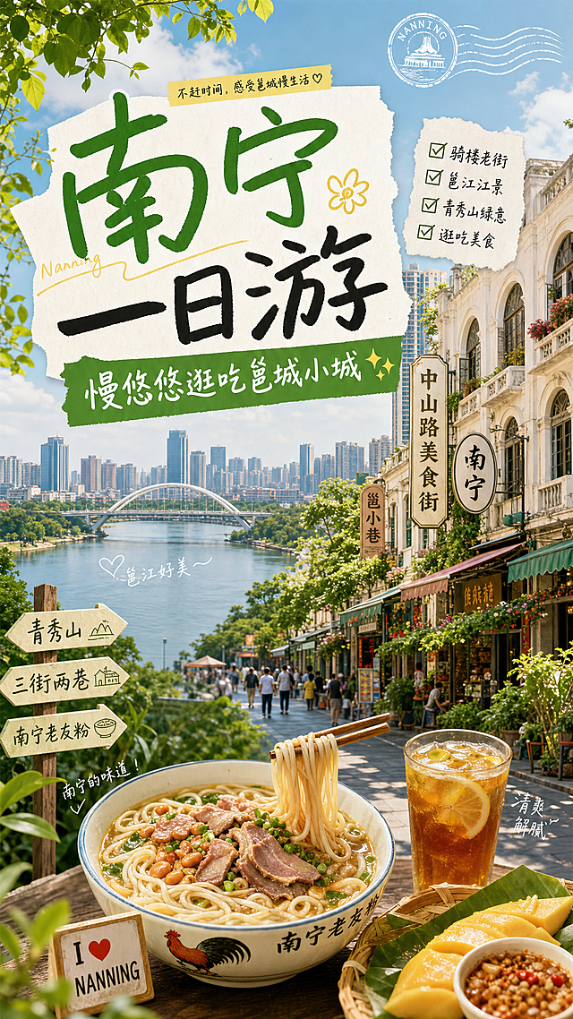 小红书南宁一日游封面图，复古骑楼老街搭配邕江江景，青秀山绿植氛围，整体松弛悠闲小城逛吃风格，色调清新治愈，排版上突出标题文字"南宁一日游｜慢悠悠逛吃邕城小城✨",画面包含美食老友粉元素，氛围感满满，适合朋友圈分享