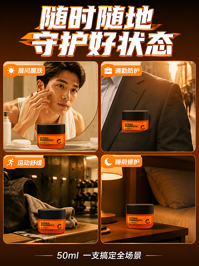 [商品] 使用【图1】欧莱雅男士劲能特润护肤霜；保留橙色瓶身、黑色瓶盖、瓶身文字、品牌Logo；产品外观与输入图一致。产品在每个场景小图中出现。
[画面] 第6张 场景种草 多场景拼图型 目标是展示产品在不同生活场景中的使用 强化高频使用价值 激发购买欲。画面采用2x2四格拼图布局 每格一个场景 左上 晨间洗漱 男士在浴室镜子前涂抹面霜 背景是明亮的浴室 右上 通勤出门 产品放在男士西装口袋旁 背景是都市通勤场景 左下 运动后 产品放在运动包旁 背景是健身房 locker 右下 睡前护理 产品放在床头柜上 背景是温馨的卧室夜景 每格场景中都有产品自然出现 整体色调统一为暖橙系。
[视觉] 套系策略：风格=拼多多大字报风格 高对比度 强视觉冲击；标题字=粗黑体 大字醒目；正文字=简洁无衬线体 清晰易读；主色=橙黑品牌色；背景延展=基于橙黑做深浅渐变 场景暖调处理 同色系质感层次；强调色=亮橙色 用于场景标签 重点文字高亮；标题色=白色粗体带橙色描边；正文色=白色/深灰色；组件=圆角场景框 场景标签 小图标；光影=各场景自然光影 统一暖调 产品在每个场景中光影自然融合。
[文字] 画面顶部主标题 随时随地 守护好状态 四格场景分别配标签 晨间醒肤 通勤防护 运动舒缓 睡前修护 每个标签为橙色底白色字 底部小字 50ml 一支搞定全场景 文字全部横排 主标题最大 场景标签次之 说明文字最小。
[规格] 图片比例3:4竖版 4K分辨率 避免变形 错字 文字过小 冷蓝背景 产品颜色改变 平台Logo 绝对化用语。