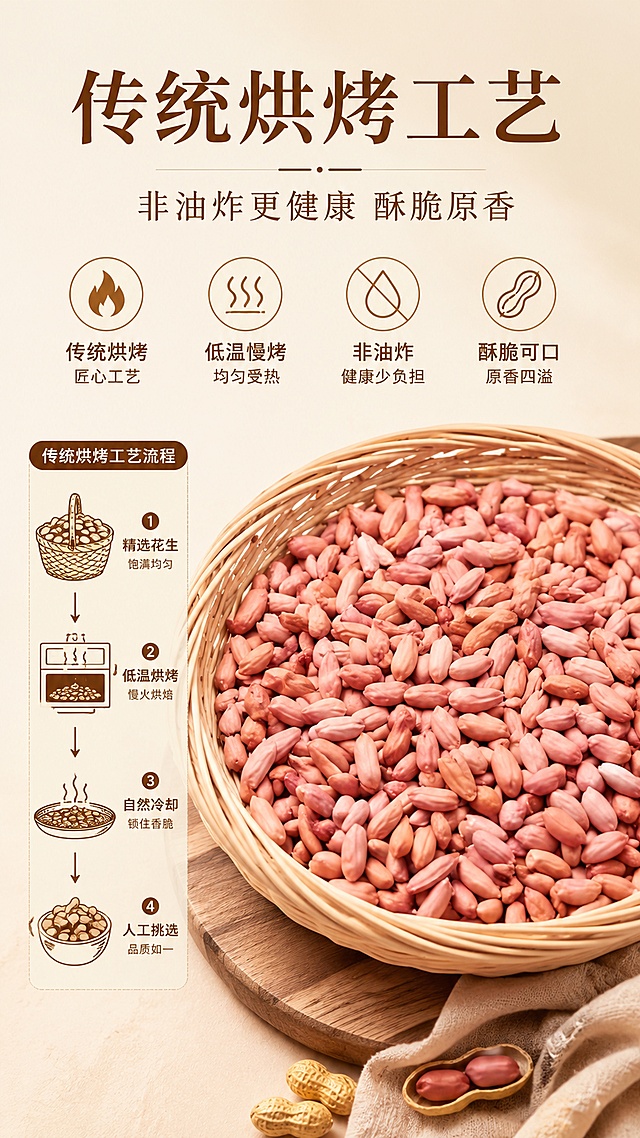 [第4屏] 义县小粒花生卖点详情页，核心卖点：传统烘烤工艺，非油炸，酥脆可口。本屏使用【图3】展示花生颗粒。[氛围/风格] 工艺展示清晰自然，温暖真实质感。[元素布局] 左侧展示烘烤工艺简意图，右侧花生主体展示，占比约60%，顶部图标标注工艺优势，保留花生形态颜色与原图一致。[光影质感] 均匀暖光，突出花生酥脆质感，明暗层次自然。[配色色系] 全局底色 #F8F3E6，主色暖棕色，辅助色深棕色文字。[视角构图] 左右分栏构图，信息清晰。[文字版式] 顶部主标题「传统烘烤工艺」，副标题「非油炸更健康 酥脆原香」，图标搭配卖点文字，字体层级清晰，移动端阅读舒适。[比例分辨率] 9:16 竖版比例，1080×1920，文字清晰可辨，高清画质。[负向提示词] 工艺示意图变形，花生颜色偏差，文字错乱，模糊，水印，虚假宣传。
