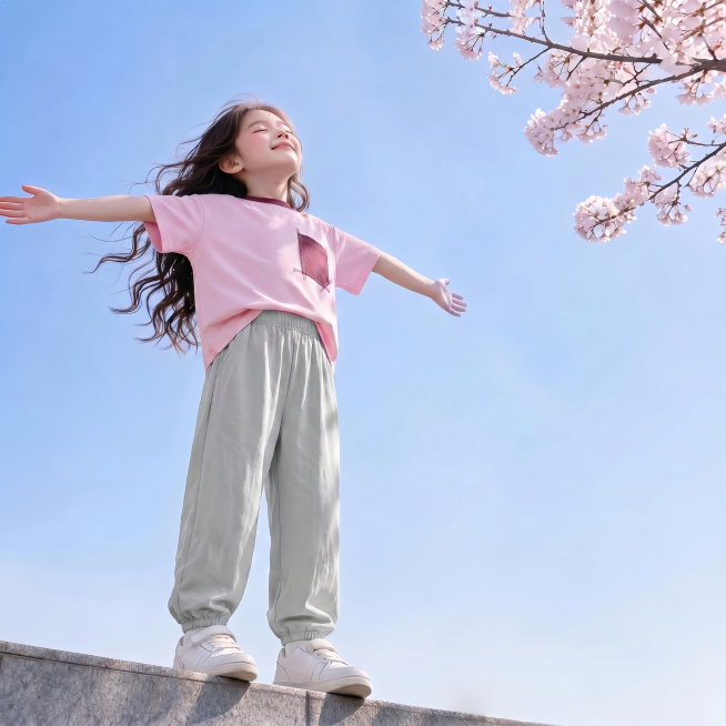 用图1的宽松短袖和宽松防蚊裤替换图的2的人物穿搭衣服裤子，保留原场景光影，保持图2的人物的五官和发型不变，图片宽高尺寸不变，背景不变，鞋子不变，人物姿势不变，保持图1的短袖和防蚊裤的款式材质不变和颜色预览效果