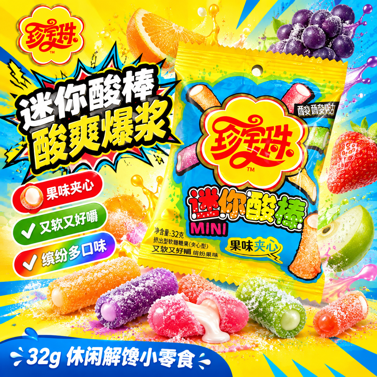 [单张主图] 珍宝珠迷你酸棒果味夹心软糖 爆款促销感主图 突出… - 图片创意预览