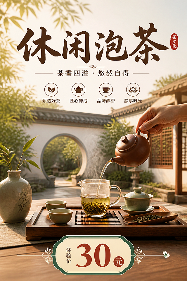 休闲茶文化主题海报，干净清新的中式庭院背景，茶几上摆放着茶具和正在冲泡的茶叶，画面顶部配醒目的文字"休闲泡茶"，画面下方标注价格"30元"，整体风格悠闲雅致，暖色调，适合线下推广