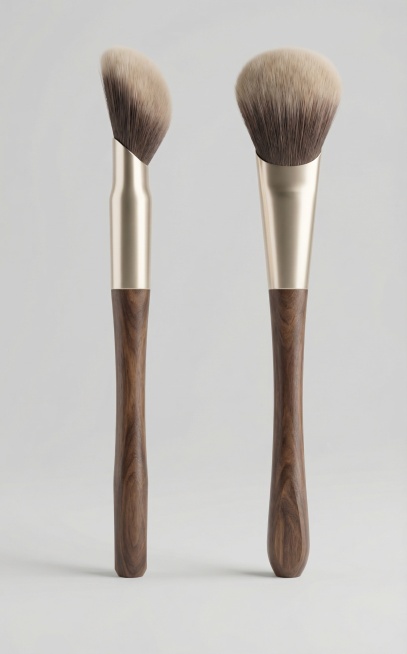 根据模型图，给化妆刷换一个颜色和材质，要木纹手柄配浅香槟色金属件，毛刷颜色为渐变色，整体配色高级有质感，浅灰色场景。大师级审美预览效果