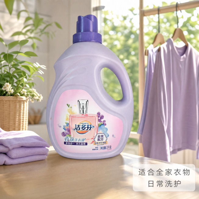 [主图-4] 洁多芬洗衣液家庭场景展示。温馨日常高端风，自然有代入感。商业摄影质感，光线柔和明亮。洗衣液瓶放阳台洗衣区台面，旁搭晾晒好的淡紫色衣物，阳光洒落，背景虚化绿植，营造清新洗护场景。保持产品外预览效果