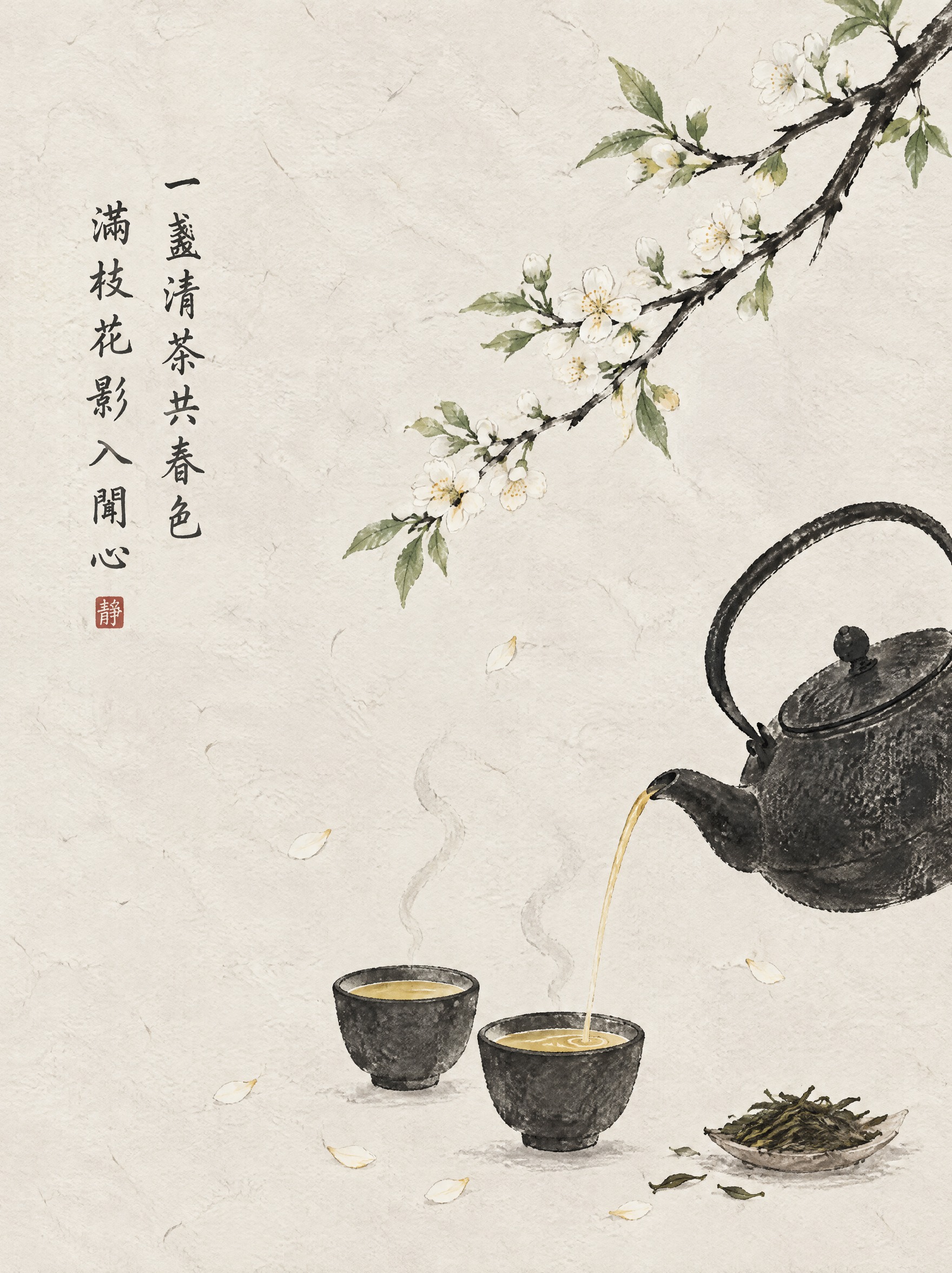 参考图的极简国风插画风格，白色粗糙纹理宣纸背景，画面主体为斜伸… - 图片创意预览