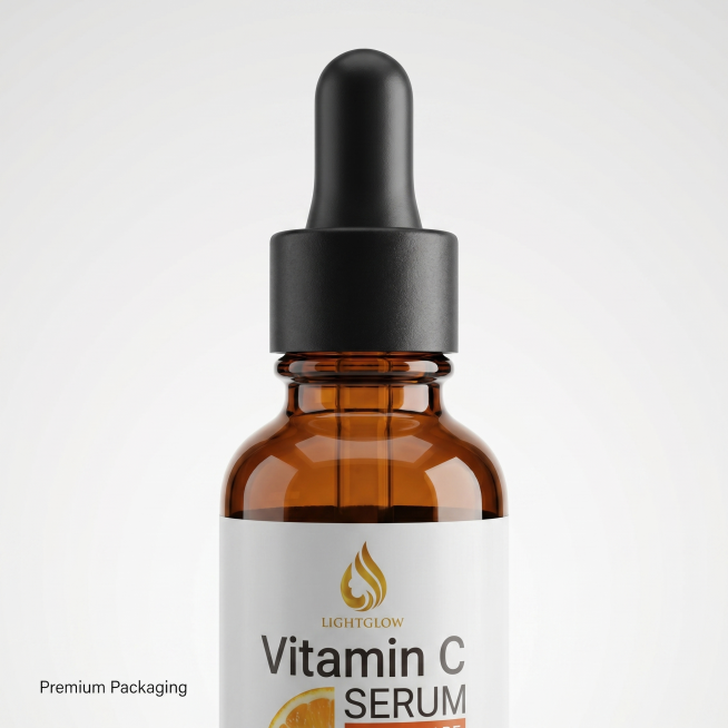 [主图 4] 精华瓶身细节展示图，Vitamin C精华液产品特写。
[氛围风格] 通透干净，高级产品摄影，凸显包装质感。
[画质] 微距商业摄影质感，清晰细腻，光线通透。
[元素] 保持原产品外观（预览效果