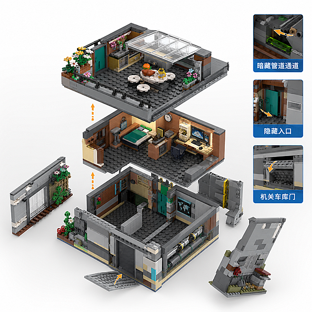 展示特工之家积木内部空间，一层带玻璃顶半开放露台有餐桌迷你厨房，二层配备床、电脑与书桌，暗藏管道通道隐藏入口等特工机关，全内构可拆设计，风格简约适合亚马逊主图，干净背景突出产品细节