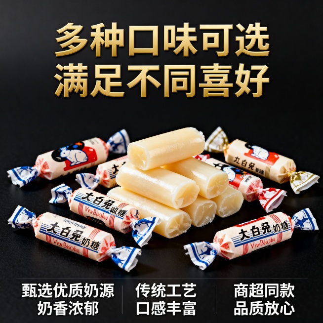 这张图片是产品主体这款产品是上海冠生园大白兔奶糖 我需要设计20张主图在拼多多上面售卖    主图场景布局可以用 等设计一个高级一些主图文案内容  甄选内蒙古黄金奶源带的优质鲜奶 奶香浓度比普通奶粉高预览效果