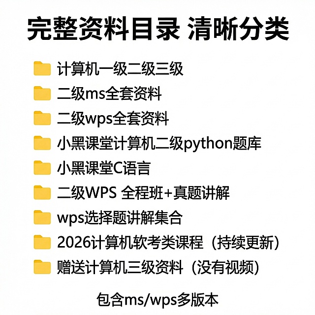 [第6张主图] 资料包含内容展示
[主图主题] 计算机二级完整资料目录
[氛围/风格] 清晰直观，专业感
[画面元素] 白色干净背景，完整展示网盘文件夹目录列表截图，包含多个计算机二级相关文件夹，内容真实清晰，排版整齐
[配色色系] 主色调白色，文字黑色，文件夹黄色，对比清晰
[视角构图] 居中饱满构图
[文字版式] 顶部大标题"完整资料目录 清晰分类"，保留截图原始文字，底部标注"包含ms/wps多版本"，字体清晰不遮挡主体，不添加平台信息
[分辨率] 2k分辨率