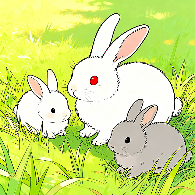 将原图转换成简笔画风格，保留三只兔子的特征：第一只长耳朵红眼睛小白兔，第二只短耳朵小白兔，第三只灰色兔子，线条简洁干净