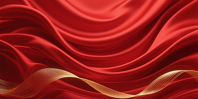 一张以深邃饱满的中国红为主体背景的设计作品，红色绸缎材质呈现出自然流畅、富有动感的波浪褶皱，光影细腻，高光柔和地勾勒出绸缎的光滑质感与立体起伏。画面底部点缀着金色的流线型线条装饰，线条纤细且带有精致的纹理，呈现出优雅的曲线形态，与红色背景形成鲜明而和谐的对比，整体营造出庄重、喜庆且具有高级感的氛围，适合作为节日庆典或重要活动的背景设计。