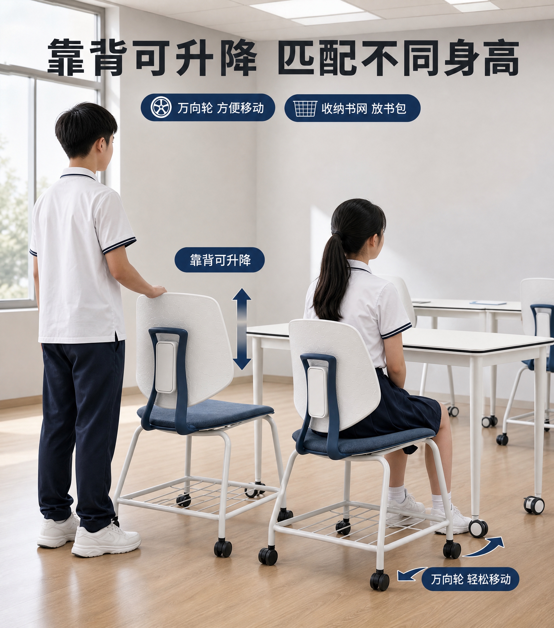 [主图-5] 调节与移动图：靠背可升降匹配不同身高学生，万向轮… - 图片创意预览