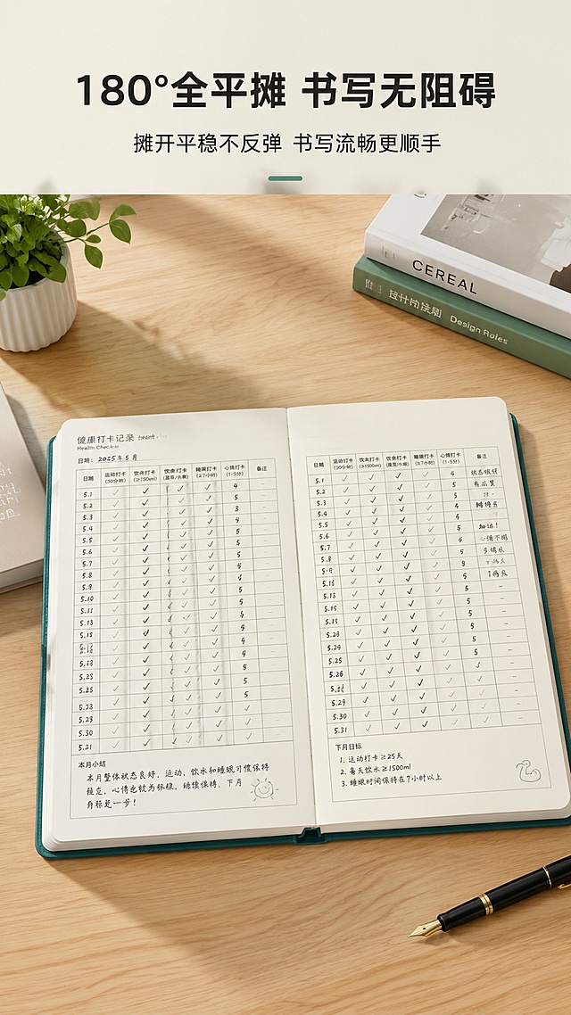 「图片1」，生成一套详情页，商品名称为中鎏诚选养护健康打卡记录本，尺寸为A5，142*208mm，60页加厚，180°书写易平摊，书写顺滑不易渗墨，230g牛皮纸，封面加厚牛皮纸材质，适配淘宝/天猫平台，单图比例为9:16，需求屏数为6张。「图片1」「图片1」