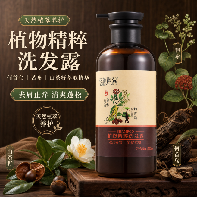 「图片1」，生成电商主图（10张），商品名称是植物精粹洗发露，卖点是内含何首乌、苦参、山茶籽萃取精华，去屑止痒，清爽蓬松，适配拼多多平台，主图比例为1:1像素要求1440*1440，以棕色背景为主，要预览效果