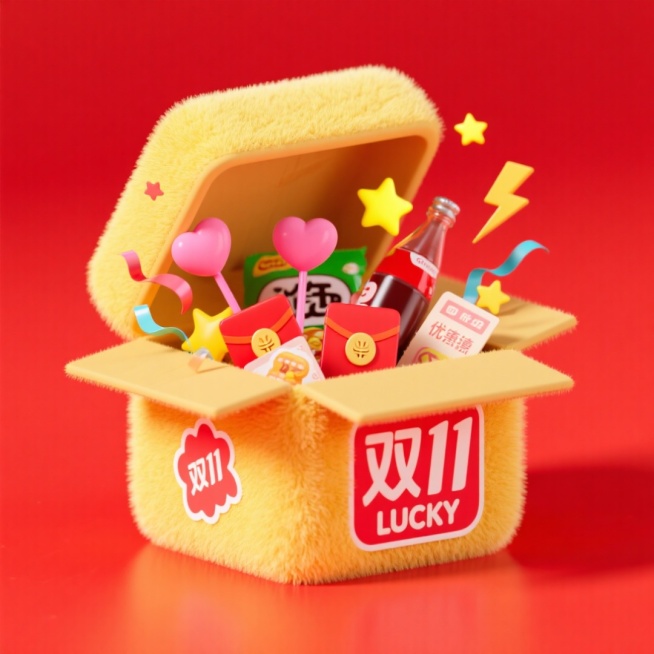 打开的黄色纸箱（印有 “双11”“LUCKY” 标识及贴纸），箱内有红包、很多零食、饮料、优惠券、粉色爱心棒元素。周围点缀彩带、黄色星星、小闪电等促销元素，红色背景。预览效果
