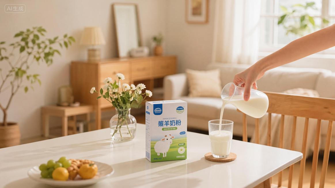参考原图整体风格，保留原商品（諾羊奶粉盒、倒奶动作、玻璃杯中牛奶），向左延展背景，生成横版16:9的北欧简约温馨家居客厅场景，保持暖调自然光、统一光影和整体协调风格，完整保留所有产品文字、包装、比例和预览效果