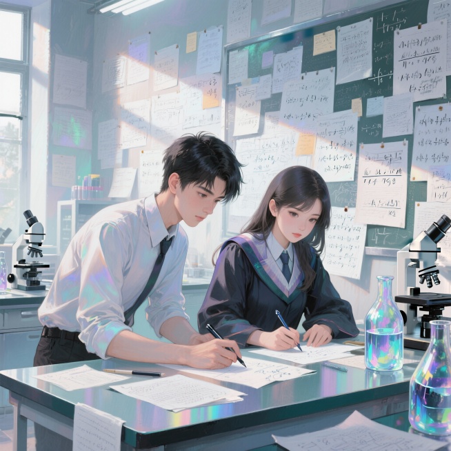 一位年轻帅气、头发利落、长相清秀的数学系男生，与一位高冷、目光锐利的数学系女博士一起在贴满各种数学演草纸的实验室中奋笔疾书的计算预览效果