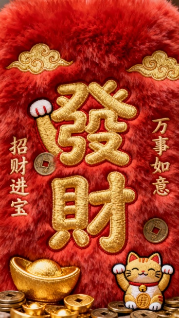以红色毛绒为背景，上面有一只金色的招财猫，它正举着一只爪子，旁边有金色的元宝和铜钱。中间是繁体字“發財”，字体圆润可爱，金色的刺绣效果。周围还有一些金色的祥云和“招财进宝”、“万事如意”等吉祥话，整体呈现出一种喜庆、吉祥的氛围，充满了发财的主题。预览效果