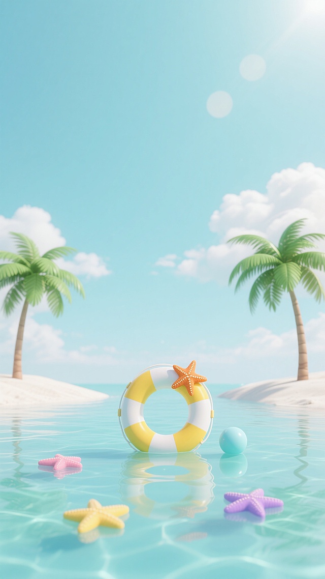 3D渲染风格的夏日场景，以清新的薄荷绿和柔和的奶油白为主要色调，营造宁静、轻盈的氛围。画面中央偏下位置漂浮着一个黄色与白色相间的救生圈，救生圈上点缀着一只小小的橙色海星。救生圈两侧各有一棵绿色的棕榈树，树干纤细，树叶舒展，植根于水边的白色沙滩上。水面清澈见底，呈现出淡蓝色，水面上漂浮着三只不同颜色的海星（黄色、粉色、紫色）和一个浅蓝色的小球，它们的倒影在水中轻轻晃动。天空占据画面大面积区域，呈现柔和的浅蓝色，点缀着少量蓬松的白云，阳光从云层间隙洒落，在水面上形成淡淡的光斑。整体构图采用大面积留白，尤其是天空和水面区域，强调简洁的视觉层级和舒适的空间感，营造出轻松、透气的夏日度假氛围。