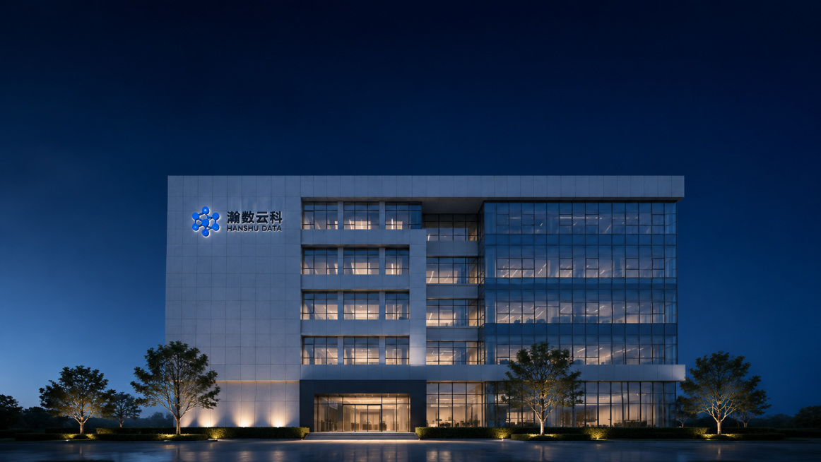 保持企业大楼主体结构、建筑外观、蓝色公司Logo和门头"瀚数云科 HANSHU DATA"字样基本不变，精修成适合企业介绍PPT封面的高级背景：修正建筑透视，让大楼更端正挺拔大气；提升建筑外立面、玻璃预览效果