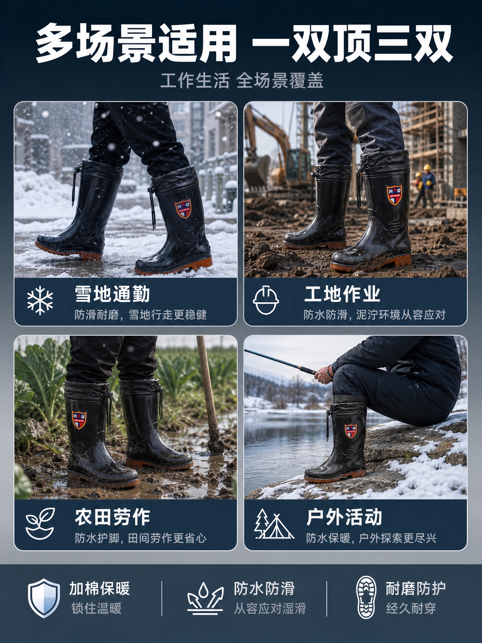 详情页第7张多场景适用展示页，冬季多场景一双顶三双。2x2四宫… - 图片创意预览
