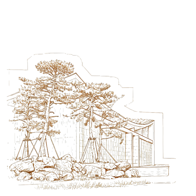 将这张建筑风景图转换为棕色的线条图，保留建筑和景物轮廓，只用棕色线条勾勒预览效果