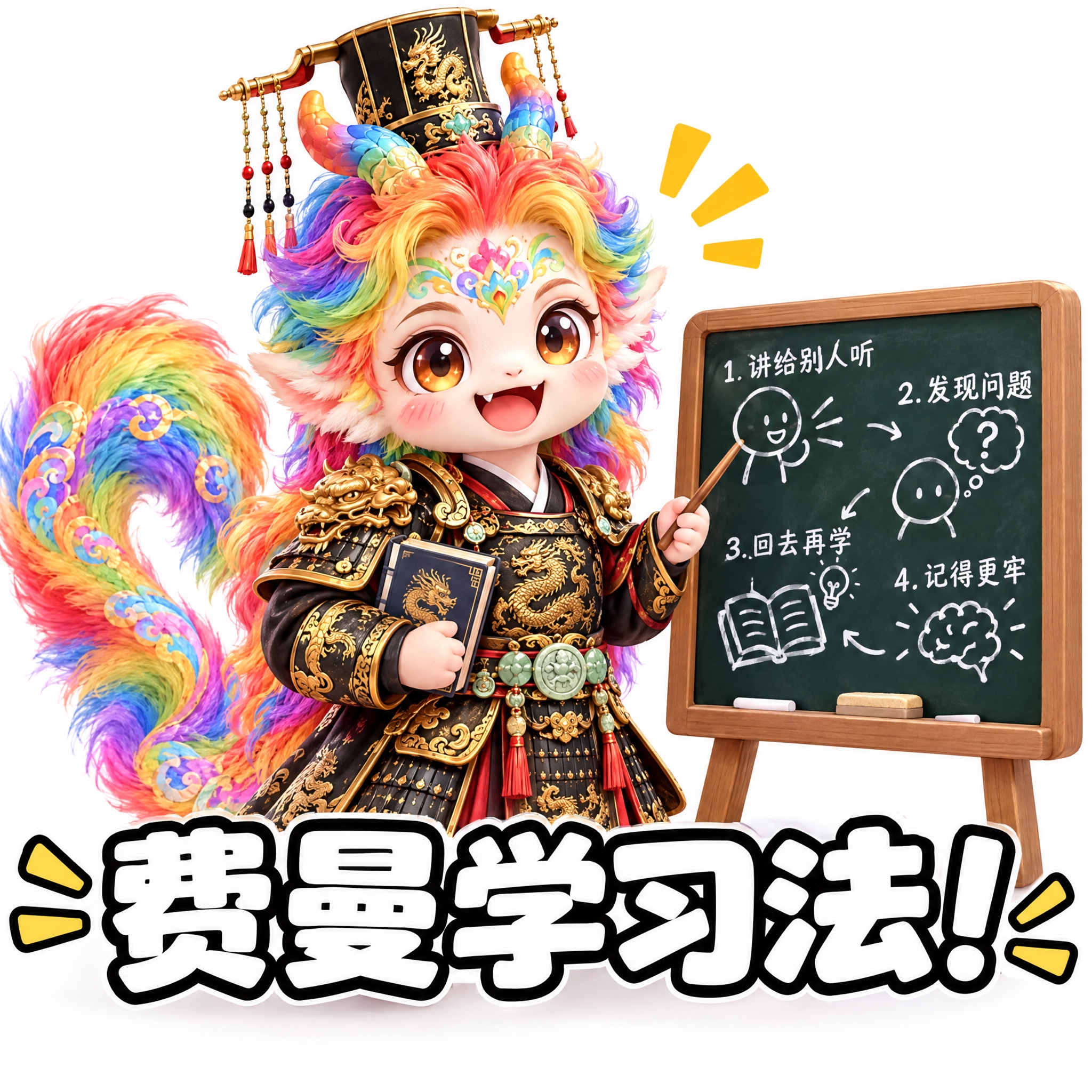 参考图中的彩虹鬃毛龙形神兽（穿黑色金龙铠甲），做成可爱表情包风… - 图片创意预览