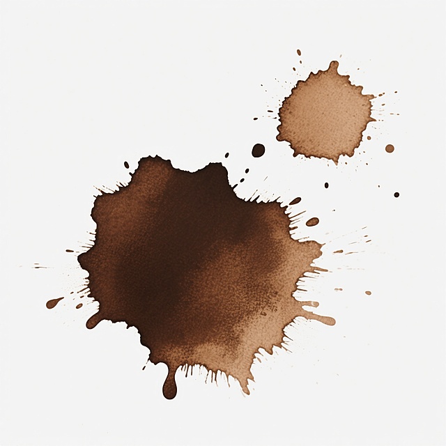 一张污渍素材图片，画面主体为两个不规则形状的深棕色污渍，较大的污渍位于下方，颜色从中心的深棕逐渐过渡到边缘的浅棕，边缘有自然的毛边和细小的滴落痕迹，表面带有细微的纹理质感；较小的污渍位于上方偏右，颜色较浅呈浅棕色，边缘同样有自然的扩散效果，周围散布着少量细小的棕色墨点和飞溅痕迹。整体背景为纯白色，污渍与背景对比鲜明，呈现出类似咖啡渍或颜料滴落、自然晕染扩散的真实质感，具有原始、自然、随机的视觉效果，适合作为设计中的纹理元素或污渍效果素材使用。