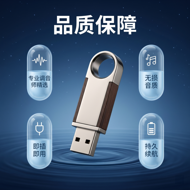 [主图 4] 疗愈音乐U盘品质背书展示图，整体风格和光影与首图统一。
[氛围风格] 专业高端信任感；
[品质] 商业摄影质感，光线柔和通透，产品清晰真实，画面干净高级。
[元素] U盘居中放置，周围环预览效果