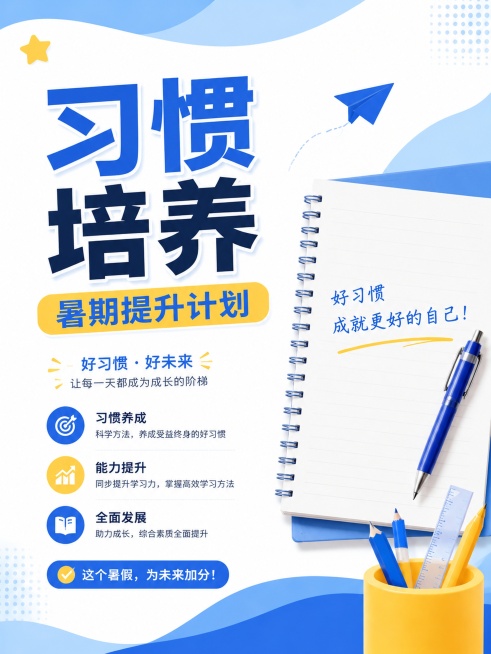 参考参考图的蓝黄配色和简约清新教育风格，招生海报，主标题"习惯培养"，副标题"暑期提升计划"，双栏排版，左文右图，右侧摆笔记本，充足留白，文案不密集，3:4比例，文字清晰突出，高清，版式精美预览效果