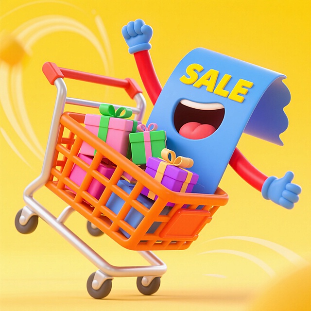 一个购物车，车内有一个拟人化的蓝色优惠券（有嘴巴和红色手臂写，写着“SALE”），购物车里堆满了彩色礼盒；购物车呈现出快速移动的动态感（有速度线等动态效果），黄色背景