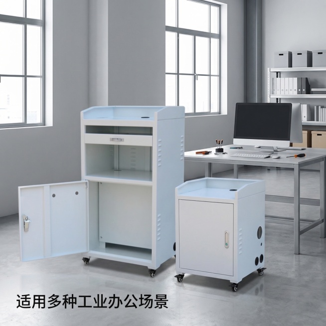 基于原图的工业电脑柜，制作场景展示图，将电脑柜放置在干净的工业办公环境中，展示产品实际使用效果，保留产品原有外观，整体环境简约干净，光线均匀柔和，左下角添加文字"适用多种工业办公场景"，风格干净简约。预览效果