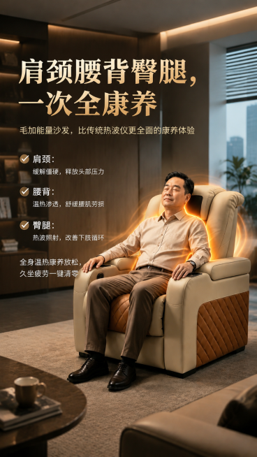毛加能量沙发康养功能宣传海报，9:16竖版，现代办公室休息区场景，保留原海报全部文案：主标题"肩颈腰背臀腿，一次全康养"，副标题"毛加能量沙发，比传统热波仪更全面的康养体验"，正文卖点，保留男士体验沙预览效果