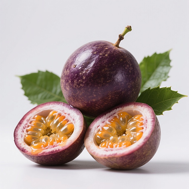 超写实风格的百香果特写，一个完整深紫色带光泽的百香果与两个对半切开的百香果组合，切面露出橙黄色饱满籽囊与透明果胶，搭配几片鲜绿色带锯齿边的叶子，物体边缘有自然柔和阴影，背景为纯白色，高清晰度展现果皮纹理与果肉细节，光线从斜上方照射形成明亮高光，整体色彩浓郁对比鲜明，保持食物摄影的细腻质感与真实光影效果。